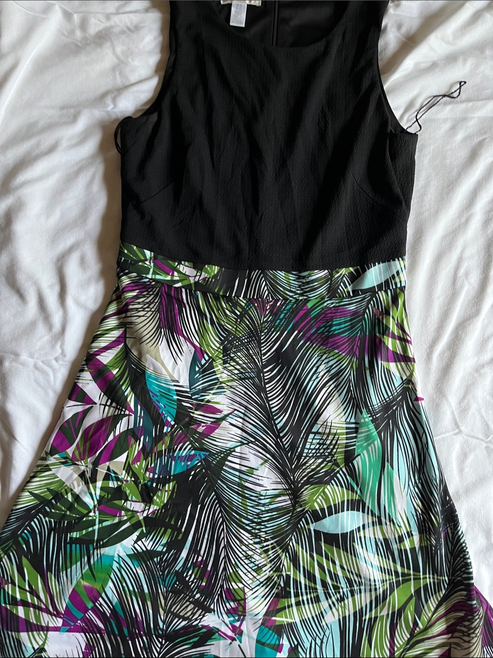 London Times Black Bodice Tropical Leaf-Print Midi Dress